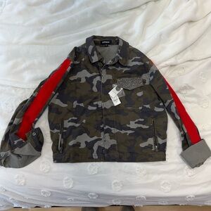 NWT XS/S Express camo jacket with red sleeve and rhinestone pocket accents